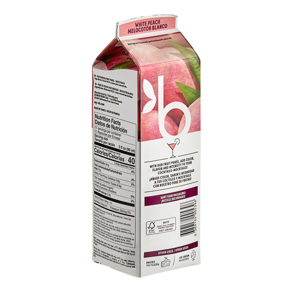A carton of Les Vergers Boiron White Peach Real Fruit Puree juice.