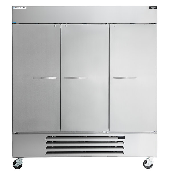 The white door of a Beverage-Air reach-in freezer with a silver handle.