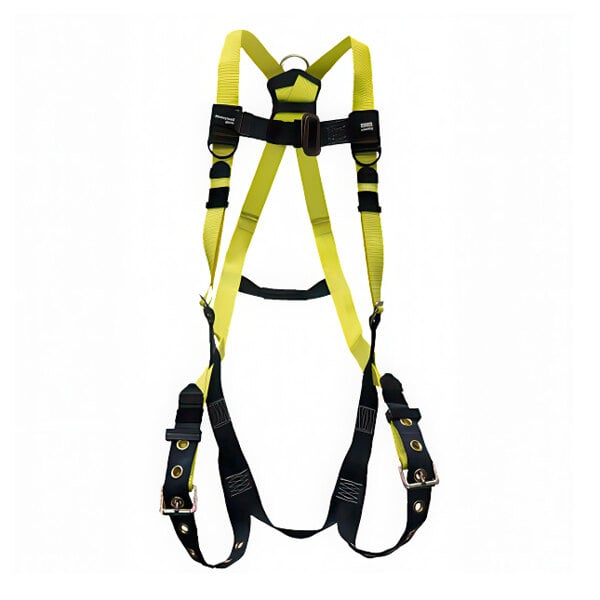 A yellow and black Honeywell Miller full-body harness with black straps.