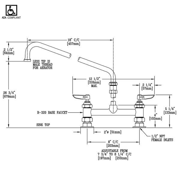 A diagram of a T&S deck mounted faucet with measurements.