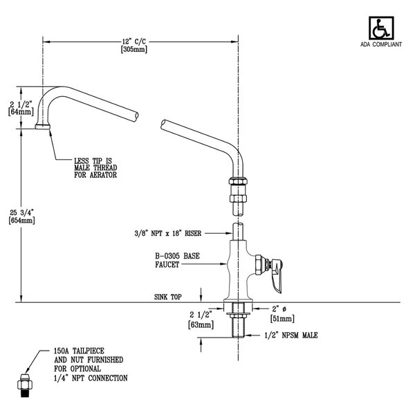 A diagram of a T&S deck-mounted single hole faucet with measurements.