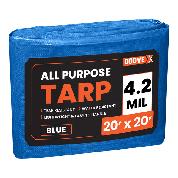A blue Doovex polyethylene tarp with black text reading "Multipurpose Weatherproof"