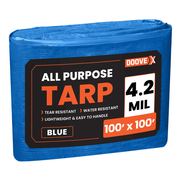 A blue Doovex polyethylene tarp with black text reading "Multipurpose Weatherproof"