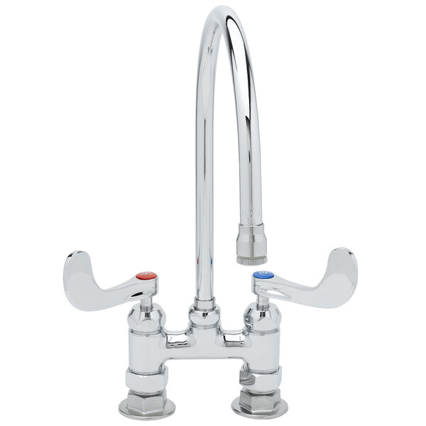 A chrome T&S deck-mounted faucet with wrist handles and a gooseneck nozzle.