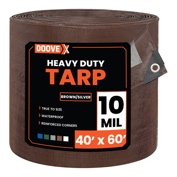 A rolled brown and silver heavy-duty polyethylene tarp measuring 40 feet by 60 feet.