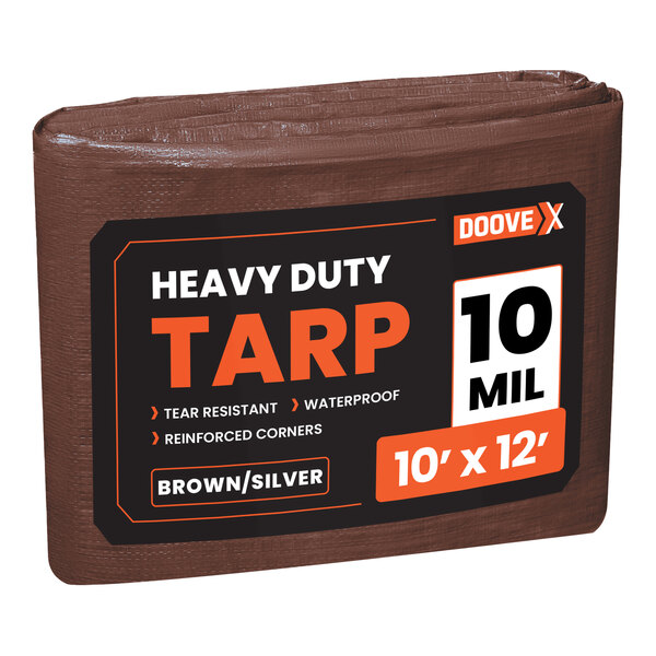 A brown heavy-duty Doovex tarp with white text and black label.