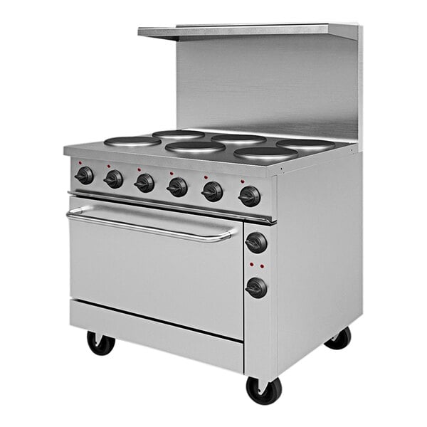 A large stainless steel Pegasus 6-burner electric range with black knobs.
