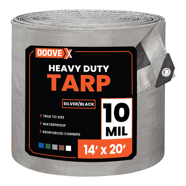 A rolled silver and black heavy-duty polyethylene tarp measuring 14 feet by 20 feet.