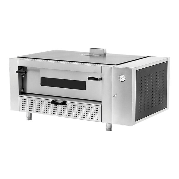 A close-up of a silver Pegasus countertop pizza oven with the door open.