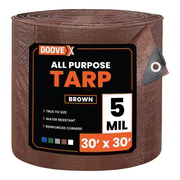 A rolled brown all-purpose polyethylene tarp measuring 30 feet by 30 feet and 5 mil thick.