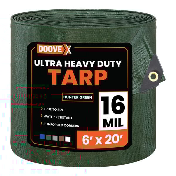 A rolled green ultra heavy-duty polyethylene tarp measuring 6 feet by 20 feet.
