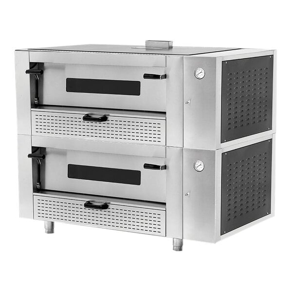 A silver Pegasus Melstone double deck countertop pizza oven with two doors on each side.