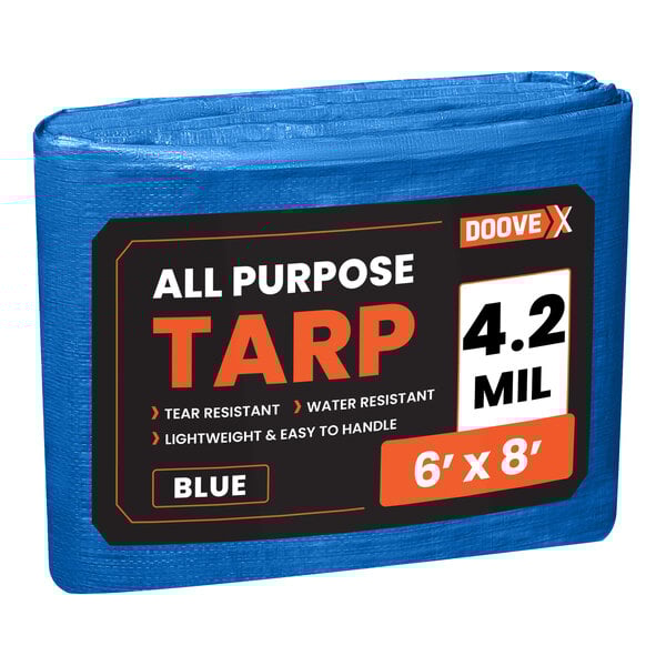 A blue Doovex multipurpose weatherproof tarp with black and white text on the bag.