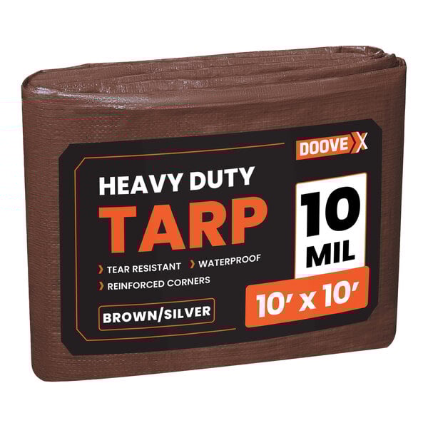 A brown Doovex heavy duty tarp with white and black text.