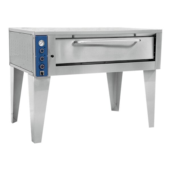 A large stainless steel Pegasus pizza oven with blue doors on a counter.