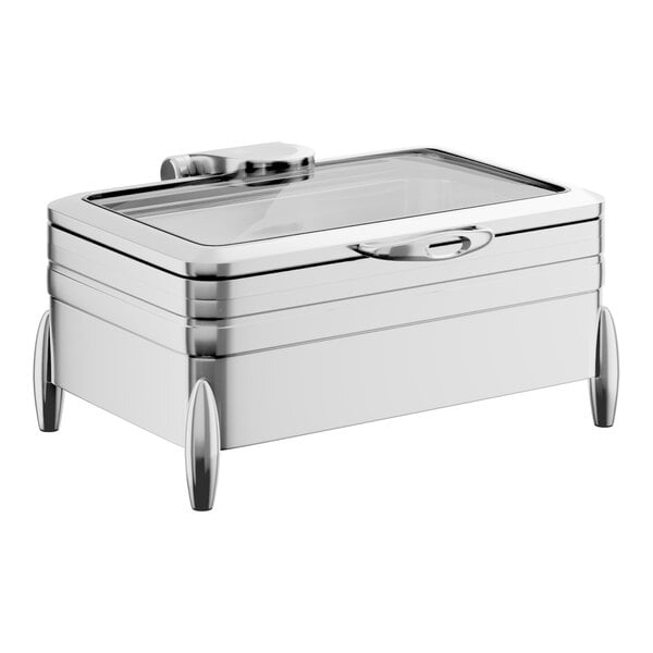 A stainless steel full-size chafer with a glass top, soft close lid, and stand, designed for both induction and traditional use.