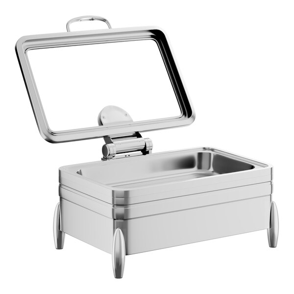 A stainless steel full-size chafer with a glass top, soft close lid, and stand, designed for induction or traditional use.