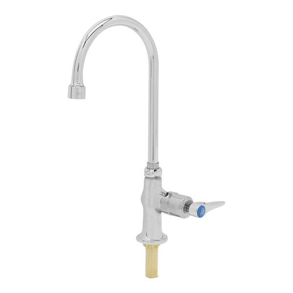 A silver T&S deck-mount faucet with a blue knob.