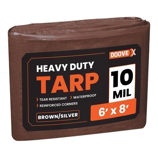 A brown heavy-duty Doovex polyethylene tarp with white text and black label.