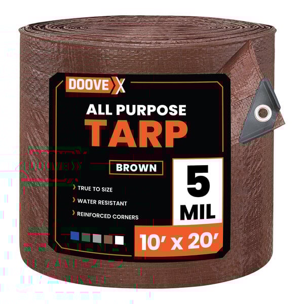A brown 10-foot by 20-foot multipurpose weatherproof polyethylene tarp.