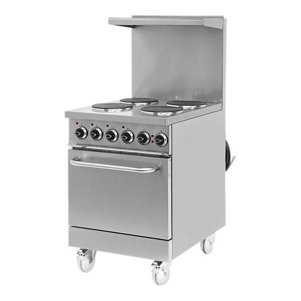 A silver Pegasus R-24E electric range with four burners.