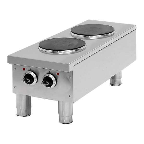 A stainless steel Pegasus electric countertop range with two black burners.