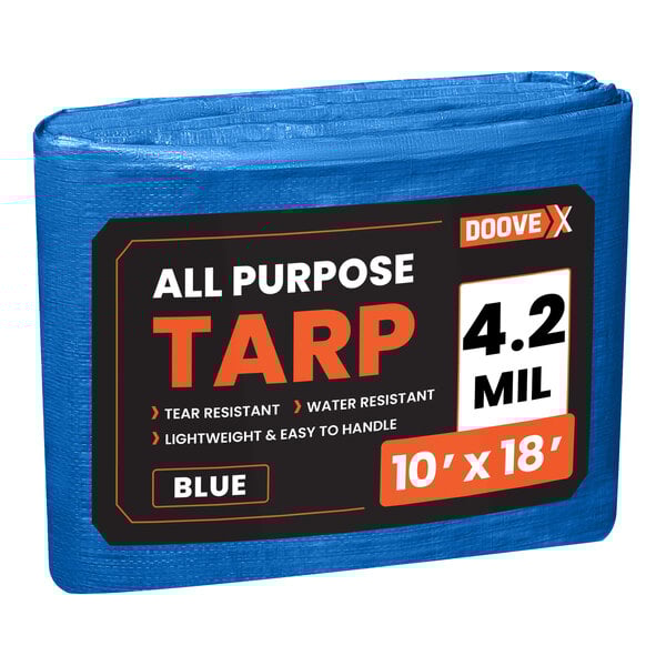 A blue Doovex polyethylene tarp with black and white text that says "Multipurpose Weatherproof"
