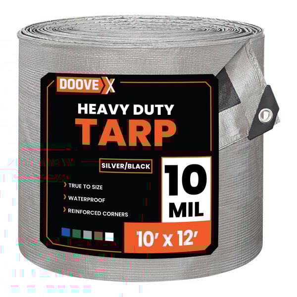 A rolled silver and black heavy-duty polyethylene tarp measuring 10 feet by 12 feet.