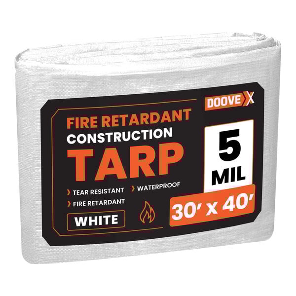 A white fire retardant Doovex polyethylene tarp in plastic packaging.