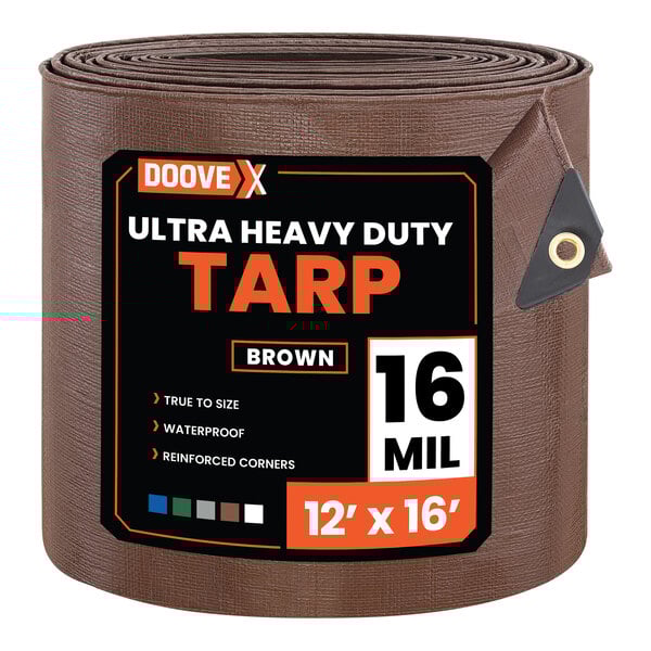 A rolled brown ultra heavy-duty polyethylene tarp measuring 12 feet by 16 feet.