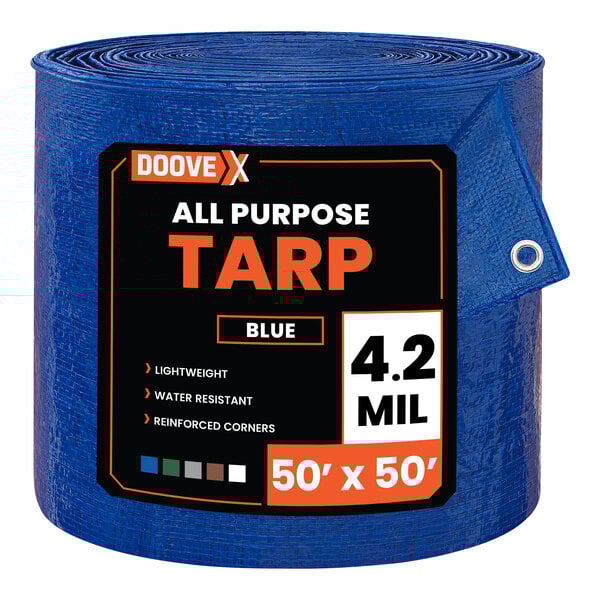 A large blue all-purpose polyethylene tarp measuring 50 feet by 50 feet.