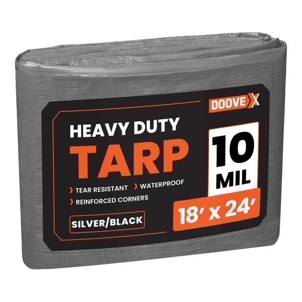 A grey Doovex heavy-duty weatherproof tarp with black and orange labels.