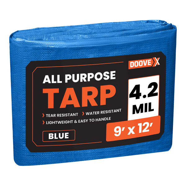 A blue Doovex tarp with the words "Multipurpose Weatherproof" in black and white.
