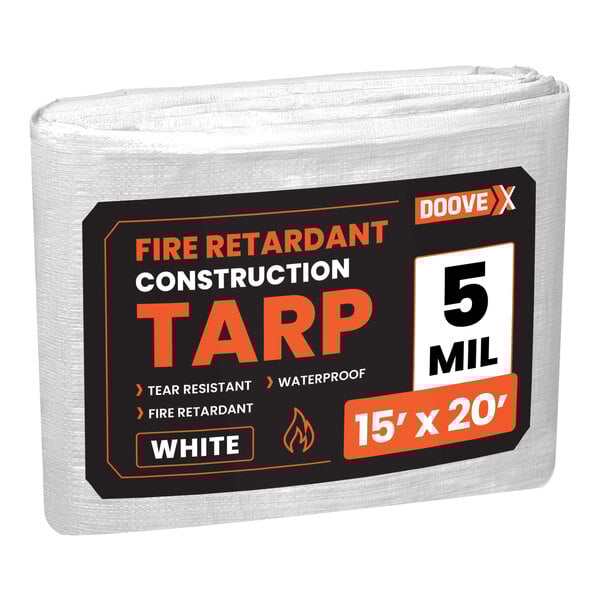 A white fire retardant Doovex polyethylene tarp with black and orange text on the label.