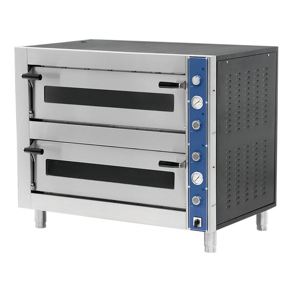 A large metal Pegasus countertop pizza oven with two doors and dials.