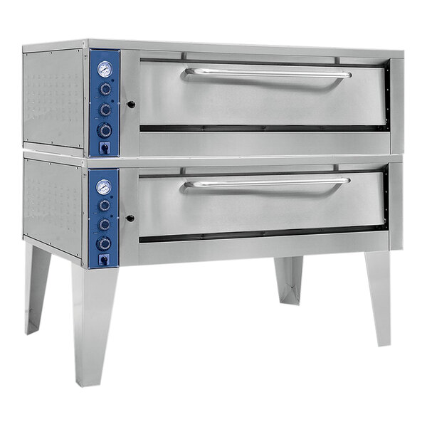 A stainless steel Pegasus double-deck pizza oven with blue handles.