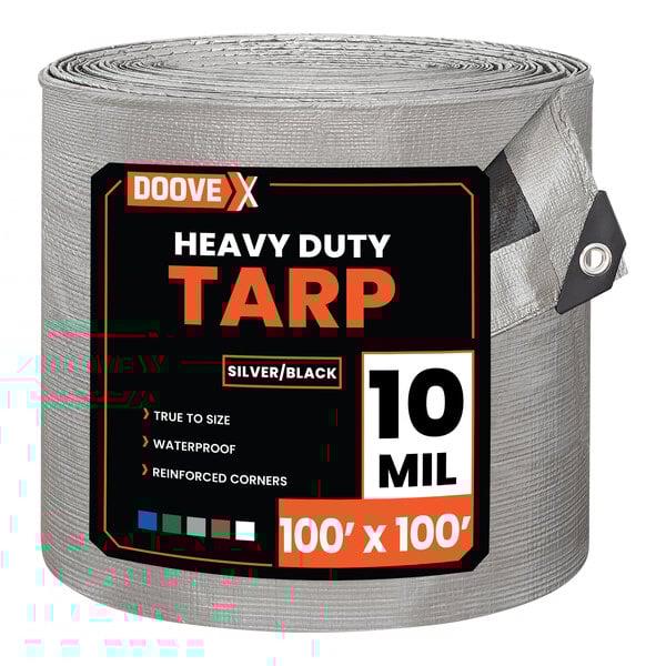 A large roll of Doovex heavy-duty silver and black polyethylene tarp measuring 100 feet by 100 feet.