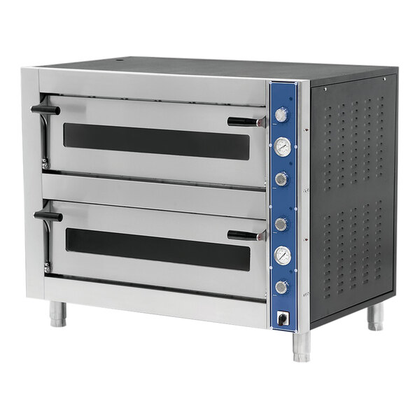 A large metal Pegasus countertop pizza oven with two doors and dials.