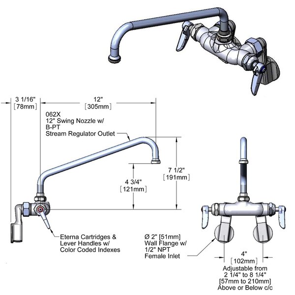 A diagram of a T&S wall mount pantry faucet with adjustable centers and a 12" swing nozzle.