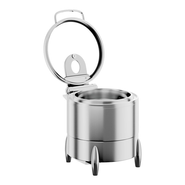 A round stainless steel soup chafer with a glass top, soft close lid, and stand with fuel holder.