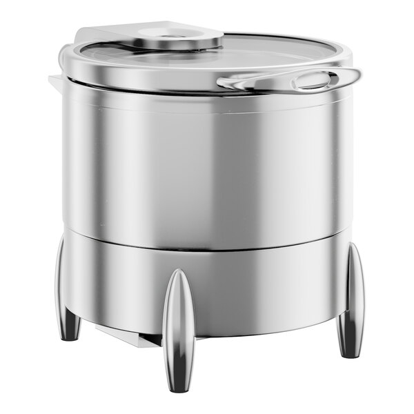 A round stainless steel soup chafer with a glass top, soft close lid, and stand with fuel holder.