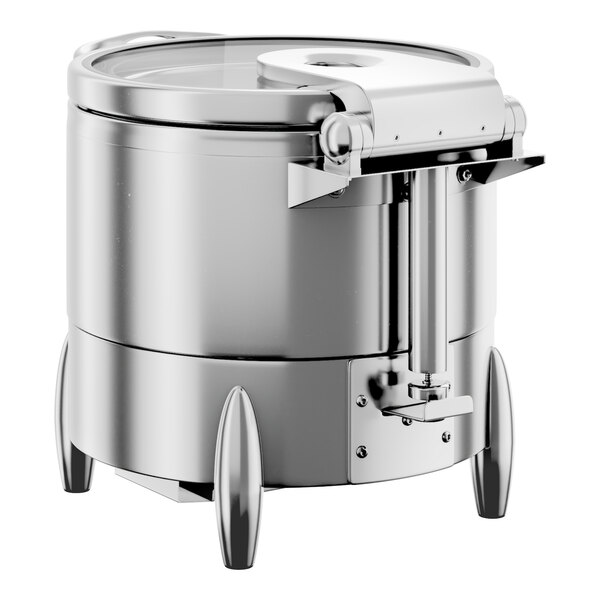 A round stainless steel soup chafer with a glass top, soft close lid, and stand with fuel holder.
