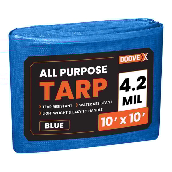 A blue Doovex polyethylene tarp with black and white text reading "Multipurpose Weatherproof"