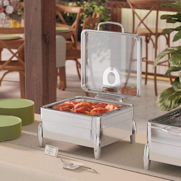Acopa Manchester 6 Qt. 2/3 Size Square Stainless Steel Induction / Traditional Dual Purpose Chafer with Glass Top, Soft Close Lid, and Stand with Fuel Holders