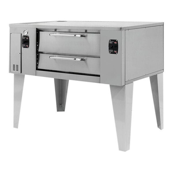 A large stainless steel Pegasus pizza oven with a rectangular chamber.