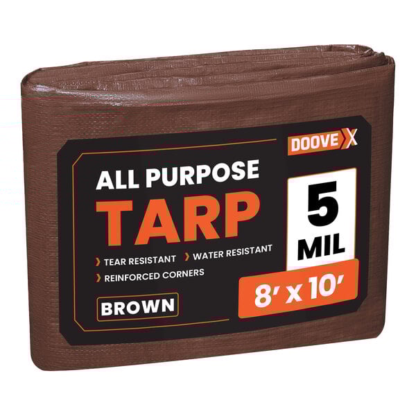 A brown Doovex multipurpose tarp with white text on a black label.
