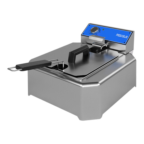 A Pegasus electric countertop fryer on a counter with a blue handle.