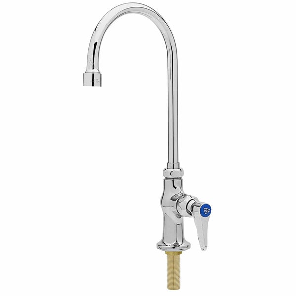 A silver T&S deck-mount faucet with a blue sticker.