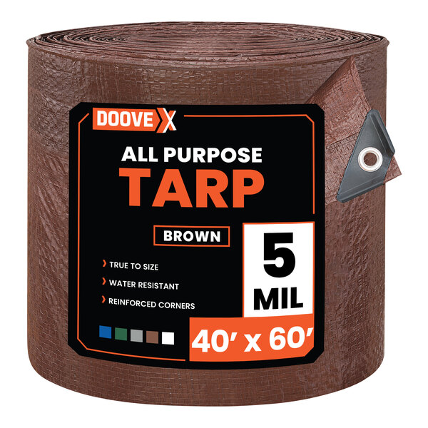 A large brown all-purpose polyethylene tarp measuring 40 feet by 60 feet and 5 mil thick.
