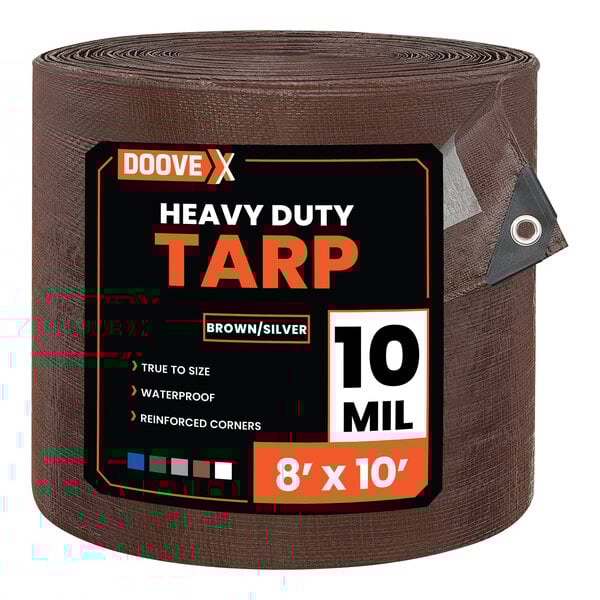 A rolled brown and silver heavy-duty polyethylene tarp measuring 8 feet by 10 feet.